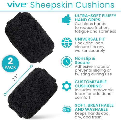 Vive Premium Walker Handle Cushions - Extra Soft Faux-Sheepskin Padded - color: Black