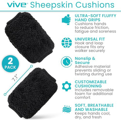 Vive Premium Walker Handle Cushions - Extra Soft Faux-Sheepskin Padded - color: Black