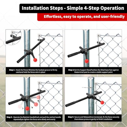 Chain Link Fence Stretcher Tool, Ratcheting Wire Fence Tightener & Puller for Woven Wire Fence, 3″–12″ Tension Range, 5° Tilted Base & Hooked Groove, One-Hand Operation for Farm & Yard