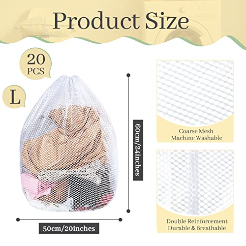 20 Pcs Mesh Laundry Bags Bulk with Drawstring 20 x 24'' White Heavy Duty Mesh Bag Machine Washable Sturdy Large Net Laundry Wash Bag for Dormitory College Apartment Travelling Camping