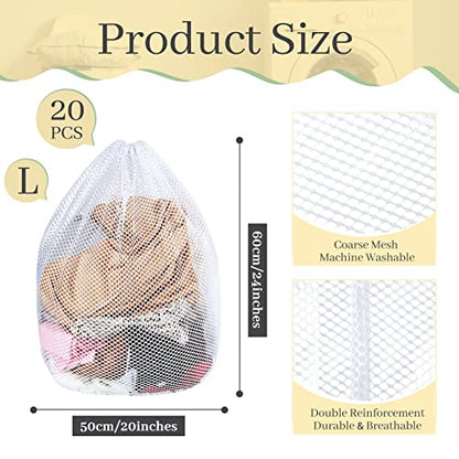 20 Pcs Mesh Laundry Bags Bulk with Drawstring 20 x 24'' White Heavy Duty Mesh Bag Machine Washable Sturdy Large Net Laundry Wash Bag for Dormitory College Apartment Travelling Camping