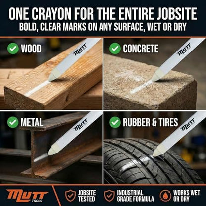 Mutt Tools White Lumber Crayons 12 Pack - Tire Marker Crayon | White, 12 Pack, Wax Formula, Hexagonal Grip, Tire Marker - color: White