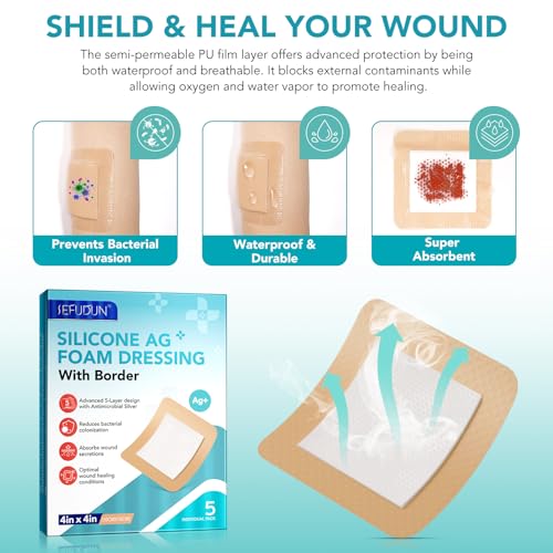Silicone Foam Dressing Ag Sterile Wound Bandage with Waterproof Gentle Silicone Adhesive Border (5 Packs), 4"x 4" Breathable Ultra Absorbent Pads (4x4 Inch (Pack of 5)) - size: 4x4 Inch (Pack of 5)