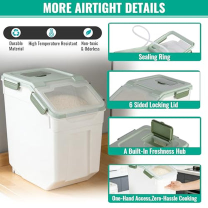 2 Pack Rice Container 25 lbs Large Bulk Flour Sugar Storage Holdhouse Plastic Grain Cereal Dry Goods Bin with Spoon and Measuring Cup for Kitchen Pantry Organization - Green - color: Green, 2 Pack