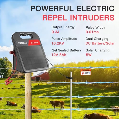 Solar Electric Fence Charger-0.3J-10 Miles, Maximum Output Voltage 10200V- Provide 24-Hour Uninterrupted Protection for Livestock and Yards with Rechargeable Solar Panel Black