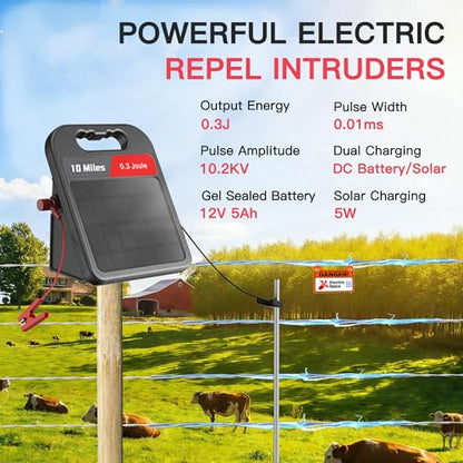 Solar Electric Fence Charger-0.3J-10 Miles, Maximum Output Voltage 10200V- Provide 24-Hour Uninterrupted Protection for Livestock and Yards with Rechargeable Solar Panel Black