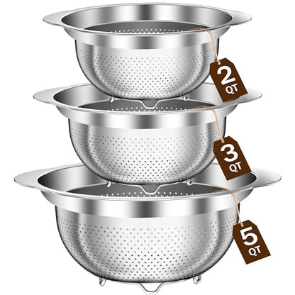 Stainless Steel Colander for Kitchen, Stainless Steel Strainer, Pasta Strainer for Spaghetti Fruit Cooking Food, 3 Pcs Strainers and Colanders(2QT, 3QT, 5QT), Dishwasher Safe, Kitchen Present - size: 2+3+5QT