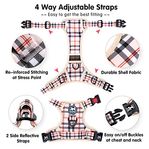 PoyPet Plaid Dog Harness Small, No Pull Vest with Front Clip & Neck Buckle - color: Checkered Beige, size: XS