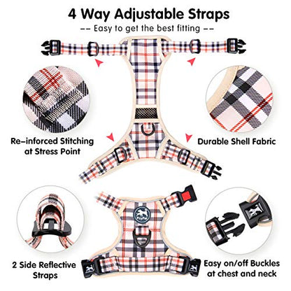 PoyPet Plaid Dog Harness Small, No Pull Vest with Front Clip & Neck Buckle - color: Checkered Beige, size: XS