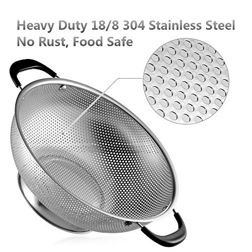 Tiawudi 18/8 Stainless Steel Colander, Easy Grip Micro-Perforated 5-Quart Colander, Strainer with Riveted and Heat Resistant Handles, BPA Free. Great for Pasta, Noodles, Vegetables and Fruits