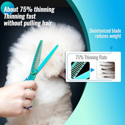 Dog Grooming Scissors: 7" Straight Pet Shears Skeletonized blade Made Of Japanese 440C for Trimming Dogs Cats and Other Pets Green (Chunker G, 7") - style: Chunker