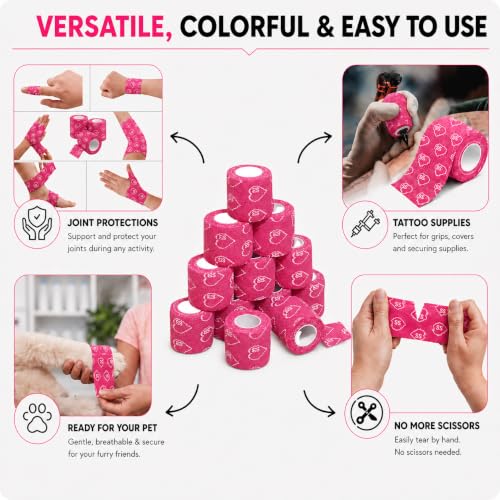 Latex Free Self Adhesive Bandage Wrap - 2 Inch x 5 Yards, 24 Pack - color: Pink, size: 24 Count (Pack of 1)