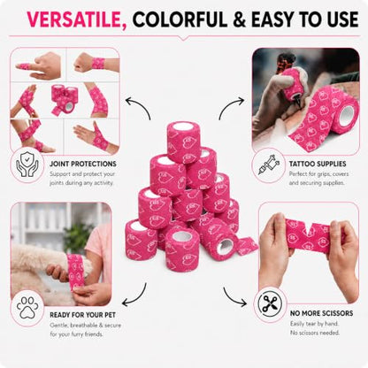 Latex Free Self Adhesive Bandage Wrap - 2 Inch x 5 Yards, 24 Pack - color: Pink, size: 24 Count (Pack of 1)