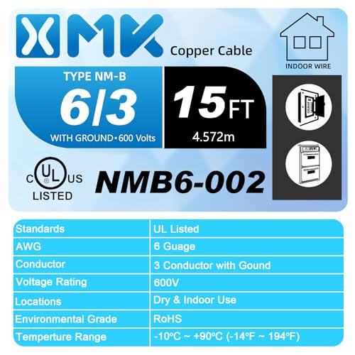 XMK NM-B 6/3 Wire with Ground,15ft 6 AWG Copper Wire 6 Gauge 3 Conductor - size: 15ft, style: 6 AWG-3 Conductor w/ Ground