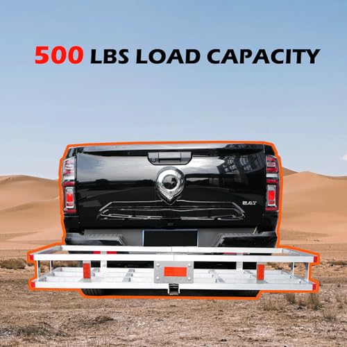60 x 20 x7 Aluminum Cargo Carrier Hitch Mount | 500lb Heavy Duty Folding Luggage Rack - Powder Coated 2" Angled Shank for Ground Clearance - Rustproof Vehicle Cargo Basket for SUV & Truck Storage - color: Aluminum 60x20x7 inch