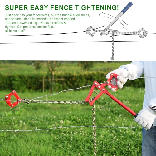 Chain Fence Strainer Plain Barbed Woven Wire Stretcher Tool for Center & End Post Pull, Carbon Steel Fence Tensioner Repair Tool, 47.25" Chain Capacity 2200lbs Farm, Ranch (Red, 1 Pack) - color: Red (1 Pack)