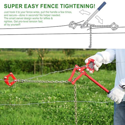 Chain Fence Strainer Plain Barbed Woven Wire Stretcher Tool for Center & End Post Pull, Carbon Steel Fence Tensioner Repair Tool, 47.25" Chain Capacity 2200lbs Farm, Ranch (Red, 1 Pack) - color: Red (1 Pack)