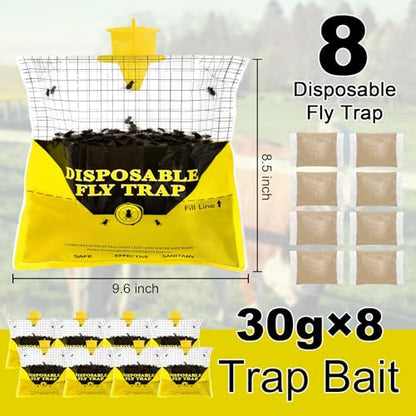 8 Pack Outdoor Fly Trap Bags Hanging - 8 * 30g Bait, Durable, Effective - size: 8 Pack