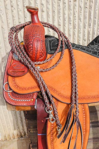 M-Royal Saddles Western Braided Split Reins – 4 Plait Brown Leather Horse Reins with Tassels & Quick Release Snaps, 7 FT x 3/8"