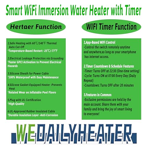 2000W Fully Submersible Water Heater of Above Ground Pool & Hot Tub – Portable Immersion Electric Heater with Temp Control & WiFi Timer for Spa, Baptismal Pool, Bucket, Bathtub & Inflatable Pool etc