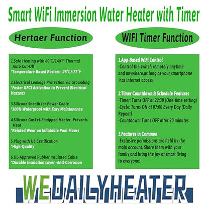 2000W Fully Submersible Water Heater of Above Ground Pool & Hot Tub – Portable Immersion Electric Heater with Temp Control & WiFi Timer for Spa, Baptismal Pool, Bucket, Bathtub & Inflatable Pool etc