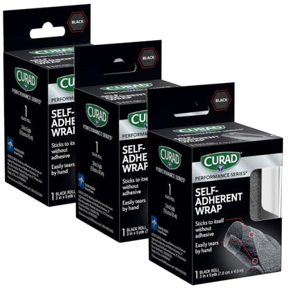 CURAD Performance Series Self-Adherent Athletic Wrap, Black, 3 inches x 5 yards, Compression Support for Sports Injuries, Joint Stability, and Muscle Recovery - size: 1 Count (Pack of 3)
