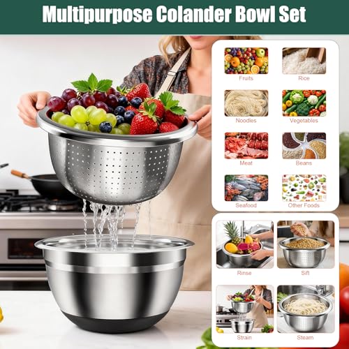 Stainless Steel Mixing Bowls Set with Lids & Silicone Base,7‑Piece Set - color: Black