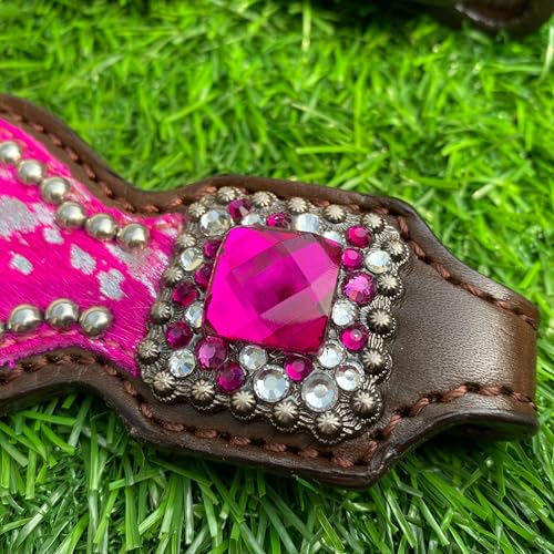 Western One Ear Leather Headstall and Breast Collar Tack Set with Rhinestones, Pink Silver Metallic Acid Wash Cowhide Look, Full Average Size Horse