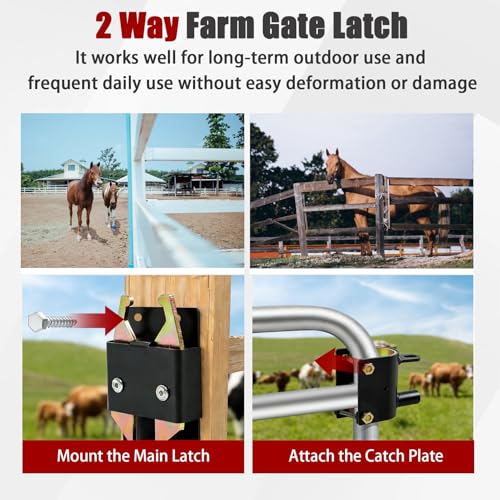 findmall Heavy Duty 2 Way Farm Gate Latch 2 Pack Fence Gate Accessory for Metal Gates Livestock Areas Horse Corrals Ranches and Farms with Mounting Screws and Directions