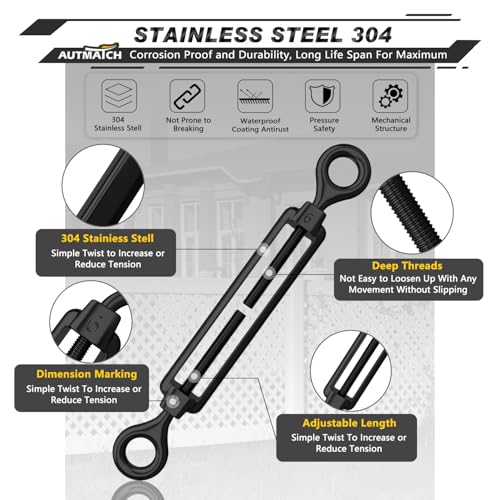 AUTMATCH M6 Eye & Eye Turnbuckle - 304 Stainless Steel Wire Rope Tensioner | Adjustable Turnbuckle for Cable Railing, Fence & Shade Sail Hardware, Wire Rope Tension Kit, 6-Pack, Black - color: Black Tone - Eye & Eye, size: M6