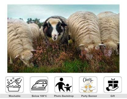 20x10ft Fabric Fluffy Wool Sheep Backdrop Black Faced Sheep Heather Wild Flower Green Moor Grass Overcast Sky for Highland Farm Animal Portrait Decorations Tapestry Photo Booth Props - size: 20x10ft