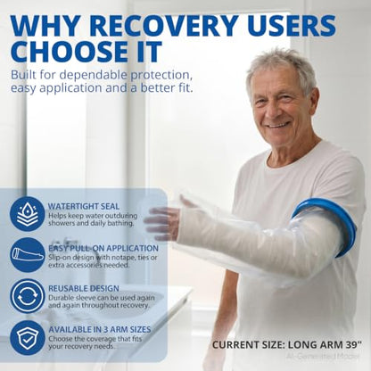 Blue Jay 39" Adult Long Arm Waterproof Cast Cover, Reusable Bandage Protector with Watertight Seal & Flexible Opening, for Showering, Broken Arm, Wound Dressings and IV Sites Recovery - size: Long