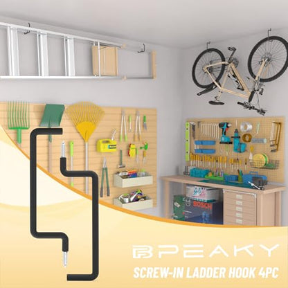 8.46" Screw in Ladder Hooks, 4 Pack Garage Hooks | Black Steel Wall Mount Tool Holders for Bike, Ladder, Folding Chair, Cord, Garden Tools, 65 lb Capacity - size: 8.46'' (Width:2'')