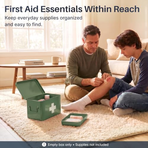 Flexzion Large Metal First Aid Box Empty, 8.5-Inch, Green with White Cross - color: Green, size: 8.5 Inch without Latch Lock