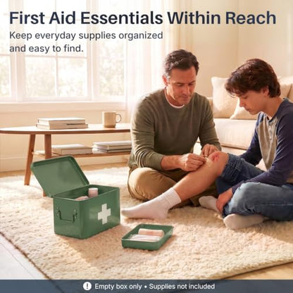 Flexzion Large Metal First Aid Box Empty, 8.5-Inch, Green with White Cross - color: Green, size: 8.5 Inch without Latch Lock