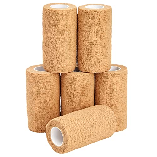 Juvale Cohesive Self-Adhering Elastic Bandage Wrap - Sprain Support & Medical Tape - Vet Wrap for Horses & Horse Leg Support - Sport Tape & Tattoo Bandage - 4 in x 5 yd, Tan, Pack of 6 - size: 4" x 5 Yards
