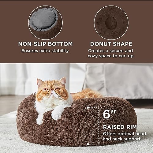 Bedsure Calming Cat Beds Donut Round Washable Kitten Bed,20 inches Coffee | Fluffy Faux Fur Cuddler,Anti-Slip Bottom,Anti-Anxiety,Deep Sleeping for Cats&Small Pets Up to 15 Lbs - color: Coffee, size: 20"L x 20"W x 6"Th
