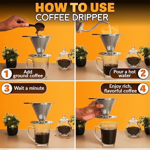 Stainless Steel Pour Over Coffee Dripper Set with 2 Cups, 600 Mesh - style: Coffee Filters