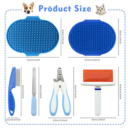 Pet Grooming Kit with Slicker Brush Bath Massage Glove Brush Pet Shedding Comb Nail Clipper Trimmer 6 Piece Set for Rabbit Kitten Guinea Pig Cat Chinchilla Ferret Small Animals - color: Blue