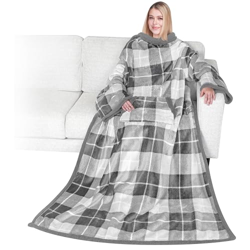 PAVILIA Sherpa Wearable Blanket with Sleeves and Pocket, Plush Thick Cozy Body Blanket Wrap for Adult Women Men, Christmas Gift for Wife Mom, Plaid Light Grey - color: Plaid Light Gray