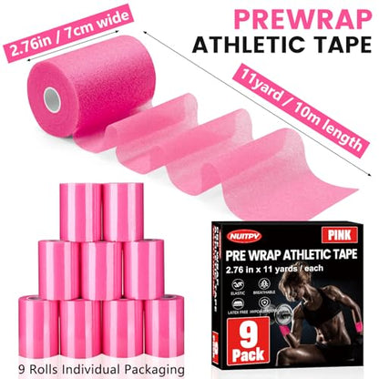 9 Pack Pink Pre Wrap Tape, 2.76 Inch x 11 Yards Prewrap Athletic Tape - color: Pink