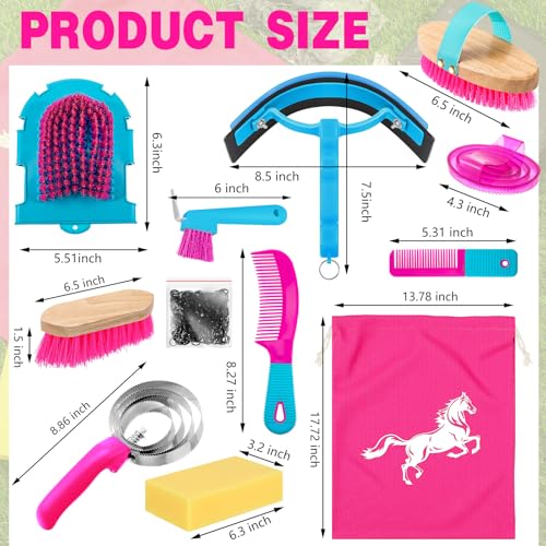Abbylike 12 Pieces Horse Grooming Kit Equine Care Brushes, Rose Red - color: Rose Red