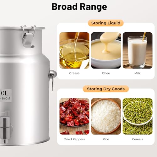 304 Stainless Steel 10L Milk Can with Spigot, Beverage Drink Dispenser, Portable Milk Transport Barrel with Handle for Milk Wine Oil & Home Kitchen Party - size: 7.87*11.81in