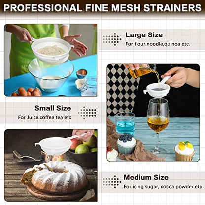 Skyley 3 Pcs Plastic Nylon Mesh Kefir Fine Strainer Set, 3 In, 5 In, 7 In | Plastic Flour Colander with Handle Nylon Kefir Food Strainers Flour Sifter for Baking Kitchen Tea Juice Pasta - size: 3 Inch, 5 Inch, 7 Inch