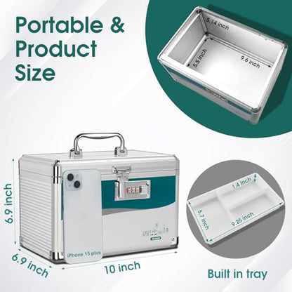 Glosen Medicine Lock Box with Code, 2-Layer Aluminum Alloy Medicine Organizer Box with Removable Tray, Portable Medication Lock Box with Shoulder Strap for Home Safety, Travel & Office (10x6.7x6.7In) - size: Small-10in