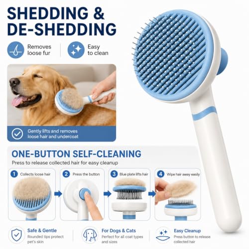 NVNAN 5-Piece Dog Grooming Brush Set with Grooming Gloves | Includes deshedding comb, shampoo brush, and pet hair removal tools for shedding, bathing, and brushing - color: Blue-4