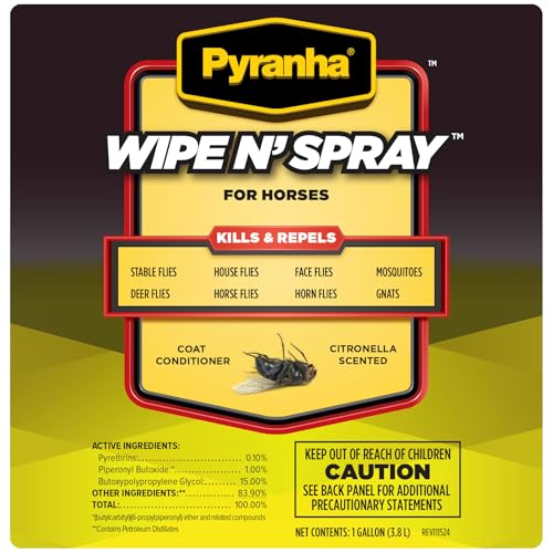 PYRANHA Wipe N' Spray for Horses - Oil-Based Long Lasting Fly Control Repels Horn, Deer, Horse, House, Stable, & Face Flies, Ticks, Mites, Mosquitoes, Gnats & Lice, 1 Gallon - size: 1 Gallon