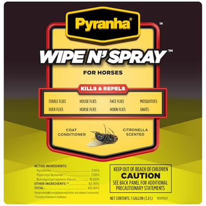 PYRANHA Wipe N' Spray for Horses - Oil-Based Long Lasting Fly Control Repels Horn, Deer, Horse, House, Stable, & Face Flies, Ticks, Mites, Mosquitoes, Gnats & Lice, 1 Gallon - size: 1 Gallon