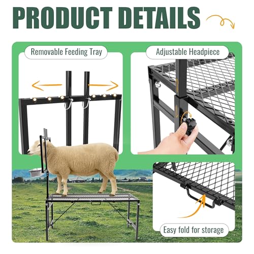 600LBS Milking Stand for Goat, Adjustable Sheep Rack with Feeder, Metal Livestock Milk Stand Fit for Shearing, Hoof Trimming, Animal Examinel Examination, Stainless Steel (Black) - color: Black