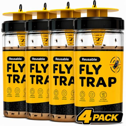 Outdoor Fly Trap [Set of 4] Fly Traps with Dissolvable Non-Toxic Bait - Fly Repellent for Outdoor Use Only - Controls Flies for Patios, Barns, Ranches Etc. Hanging Fly Traps with Tie Included - style: 4 Traps